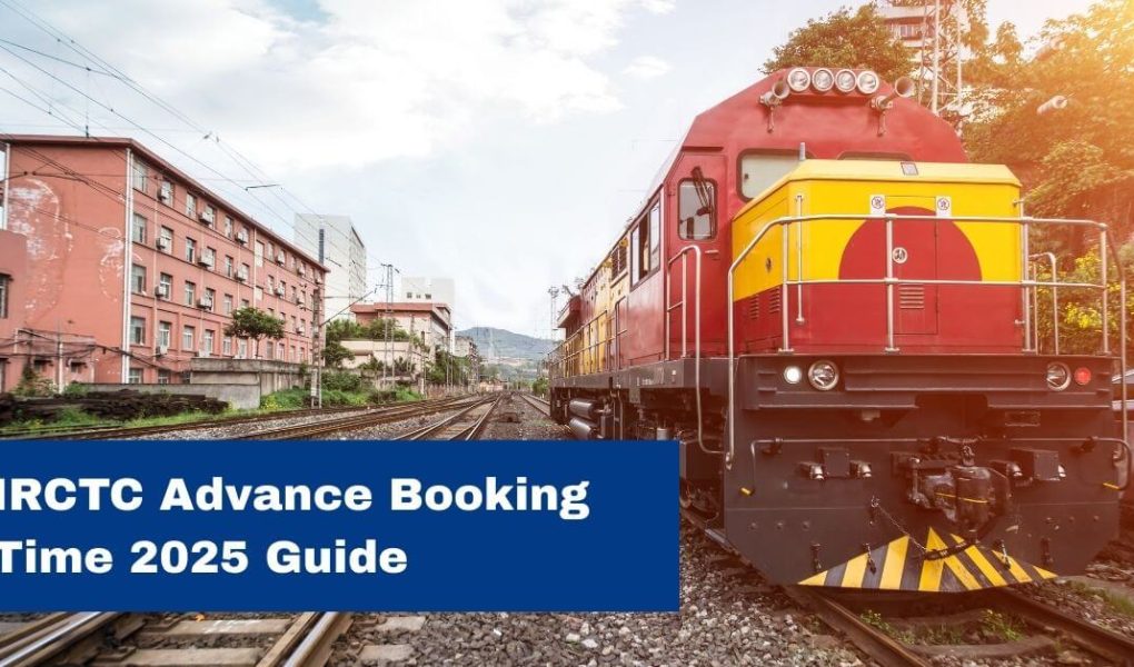 A guide to IRCTC Advance Booking Time 2025 featuring a train ticket and calendar, designed for rail agents.