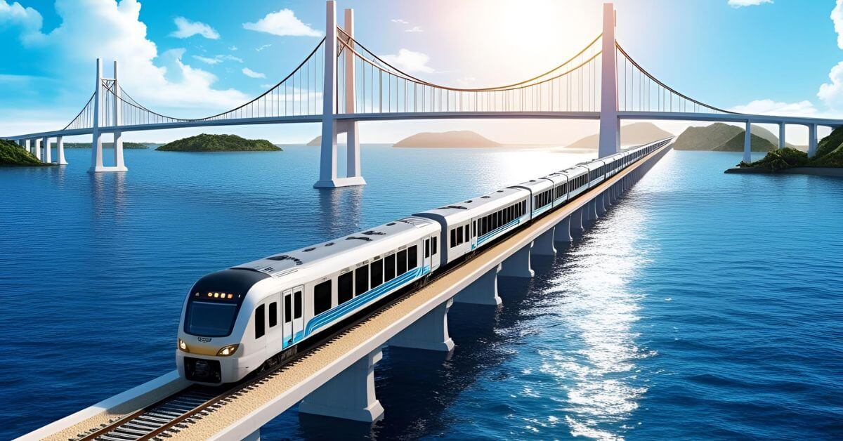 The new Pamban Bridge with a train crossing, symbolizing New Pamban Bridge Trains 2025 connectivity to Rameswaram for rail agents.