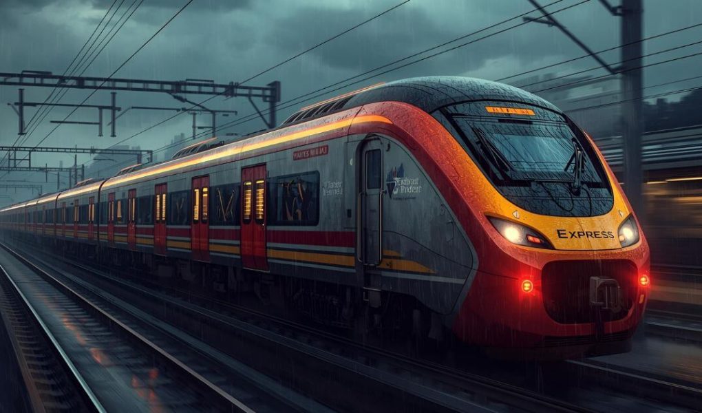 Mumbai Nanded Vande Bharat Express modern high-speed train with sleek exterior at the railway platform, highlighting panoramic windows and eco-friendly design, improving connectivity in Maharashtra’s Marathwada region.