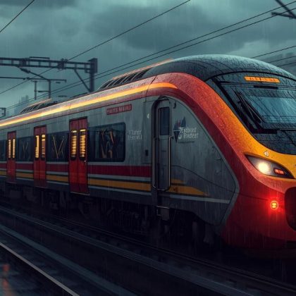Mumbai Nanded Vande Bharat Express modern high-speed train with sleek exterior at the railway platform, highlighting panoramic windows and eco-friendly design, improving connectivity in Maharashtra’s Marathwada region.