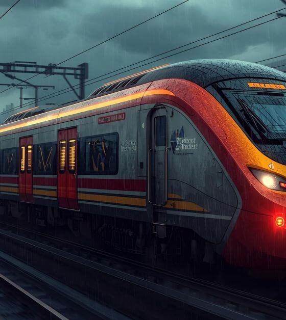 Mumbai Nanded Vande Bharat Express modern high-speed train with sleek exterior at the railway platform, highlighting panoramic windows and eco-friendly design, improving connectivity in Maharashtra’s Marathwada region.
