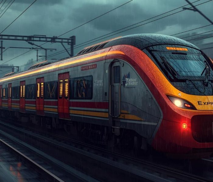 Mumbai Nanded Vande Bharat Express modern high-speed train with sleek exterior at the railway platform, highlighting panoramic windows and eco-friendly design, improving connectivity in Maharashtra’s Marathwada region.