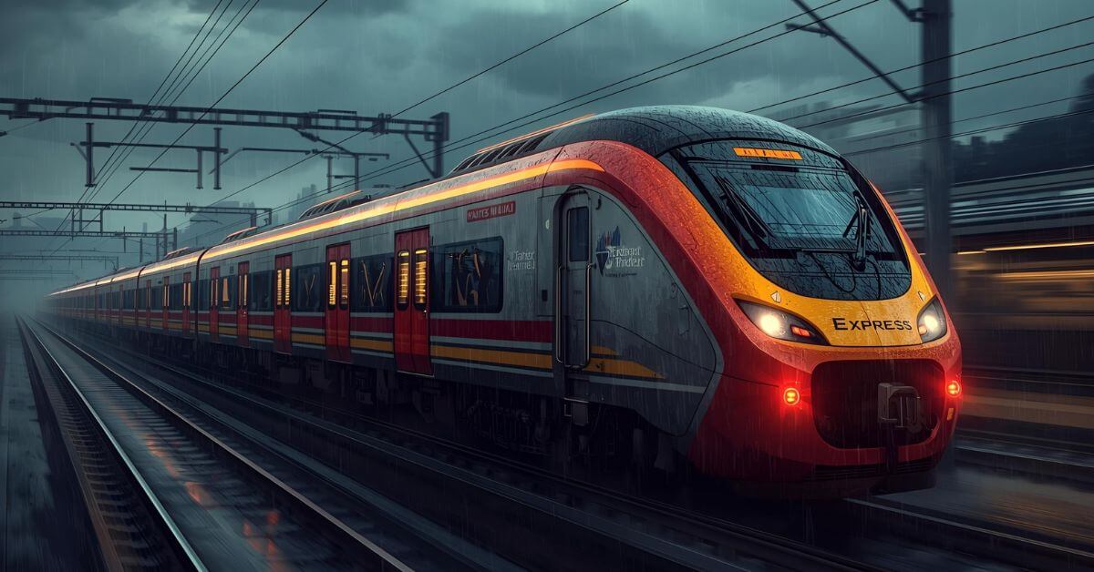 Mumbai Nanded Vande Bharat Express modern high-speed train with sleek exterior at the railway platform, highlighting panoramic windows and eco-friendly design, improving connectivity in Maharashtra’s Marathwada region.