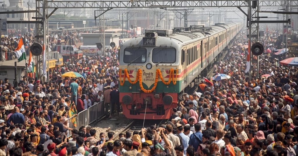 Indian Railways Amrit Bharat Express train in Bihar with scenic landscape background