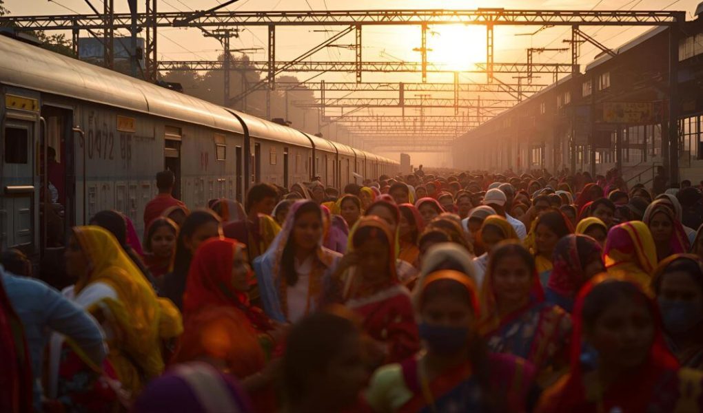 Passengers at Indian Railways station boarding special trains for Chhath Puja 2025