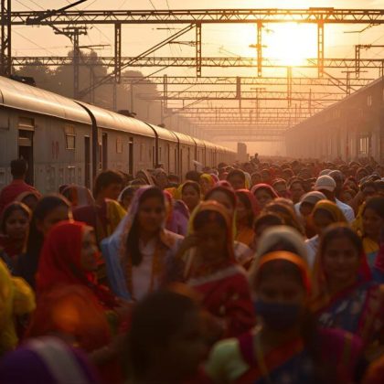 Passengers at Indian Railways station boarding special trains for Chhath Puja 2025