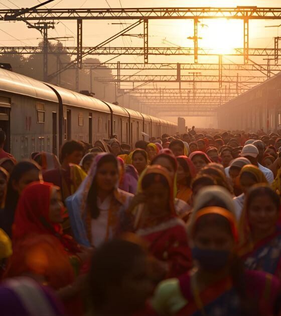 Passengers at Indian Railways station boarding special trains for Chhath Puja 2025
