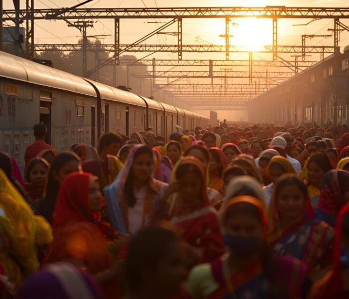 Passengers at Indian Railways station boarding special trains for Chhath Puja 2025