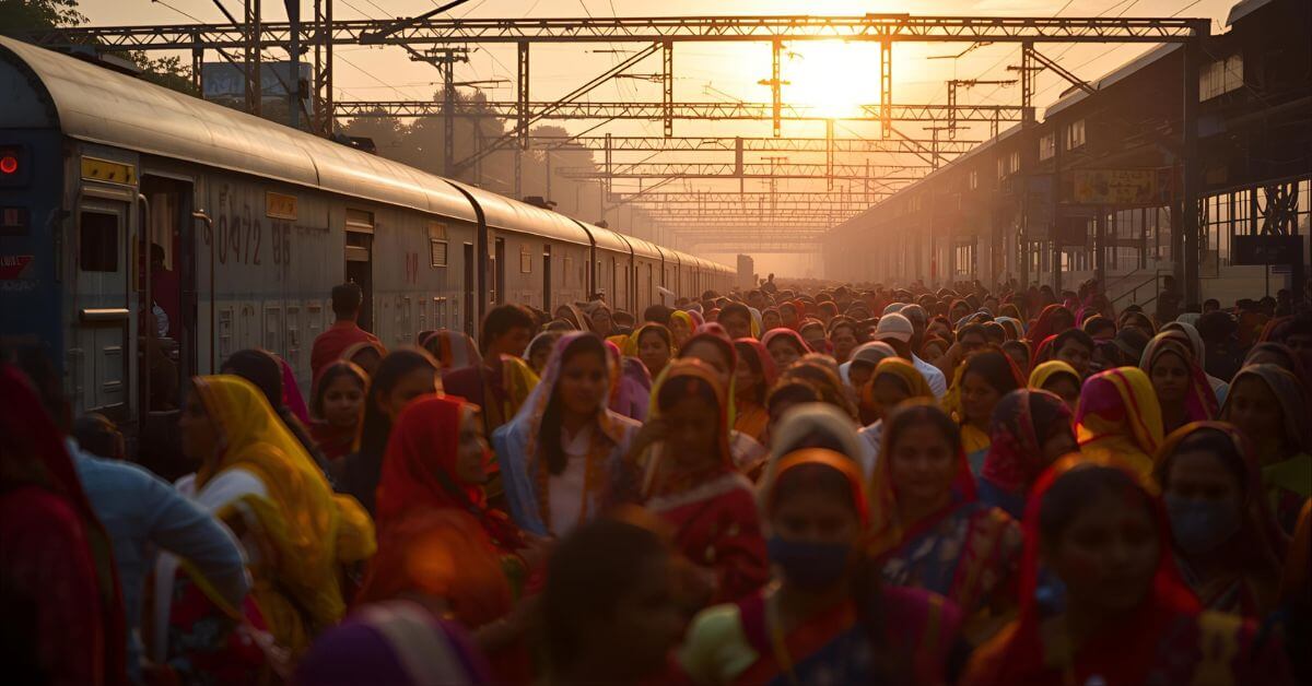 Passengers at Indian Railways station boarding special trains for Chhath Puja 2025